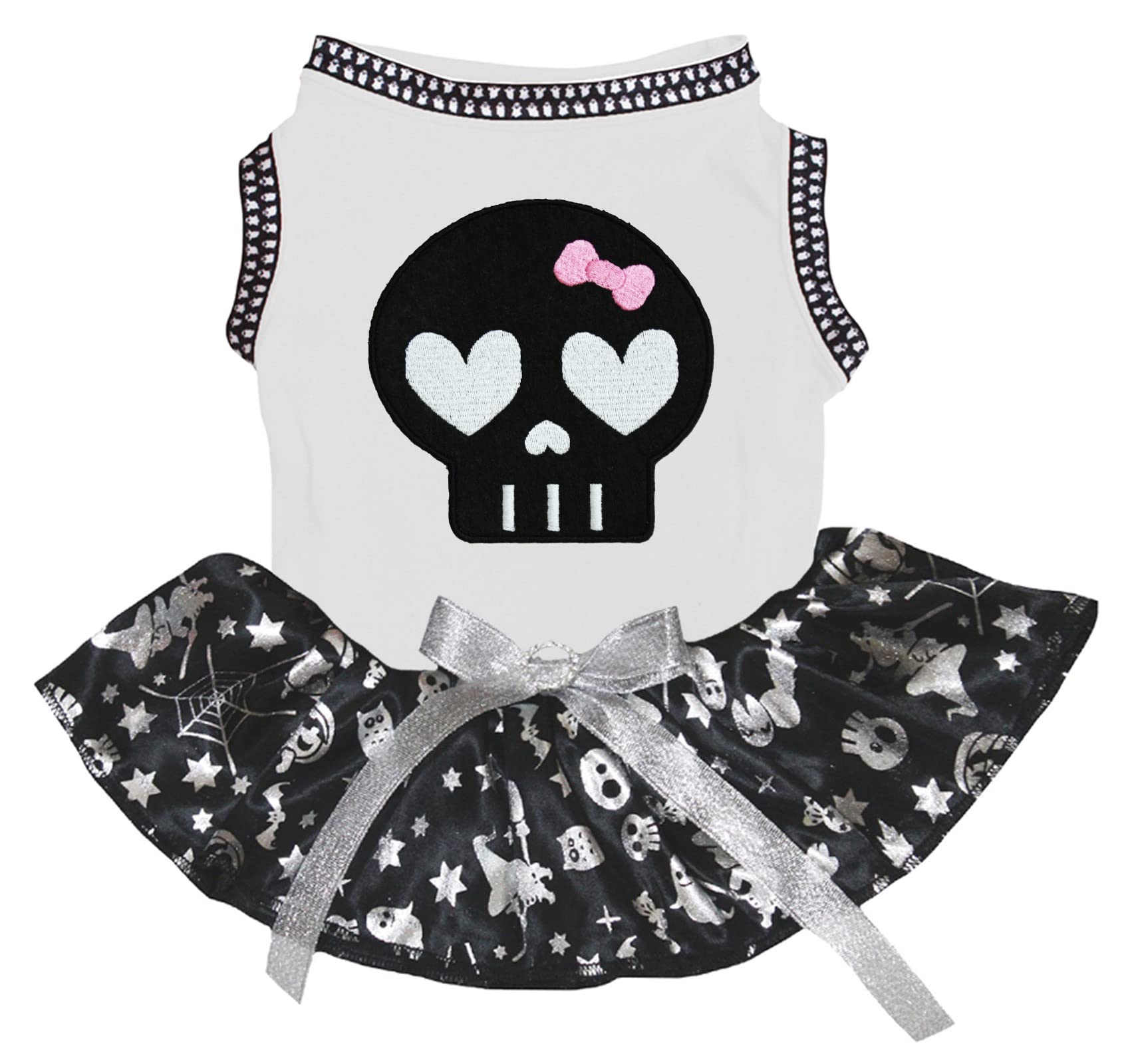 Robe pour chien tête de mort noire avec textile léger blanc argenté XS