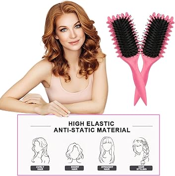 Curl Defining Brush for Curly Hair - Boar Bristle Styling Brush for Women & Men - Less Pulling, Pink
