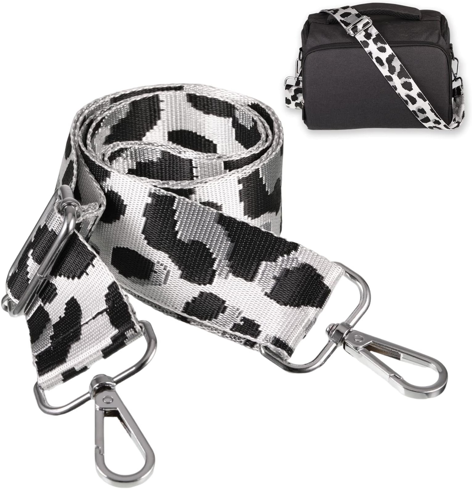 worahroe Replacement Handbag Straps Leopard Print Nylon, Adjustable 3.8cm Wide Shoulder Bag Straps with Clips For All Match Long Straps Bag Straps for Handbag Canvas Crossbody Bag Gray