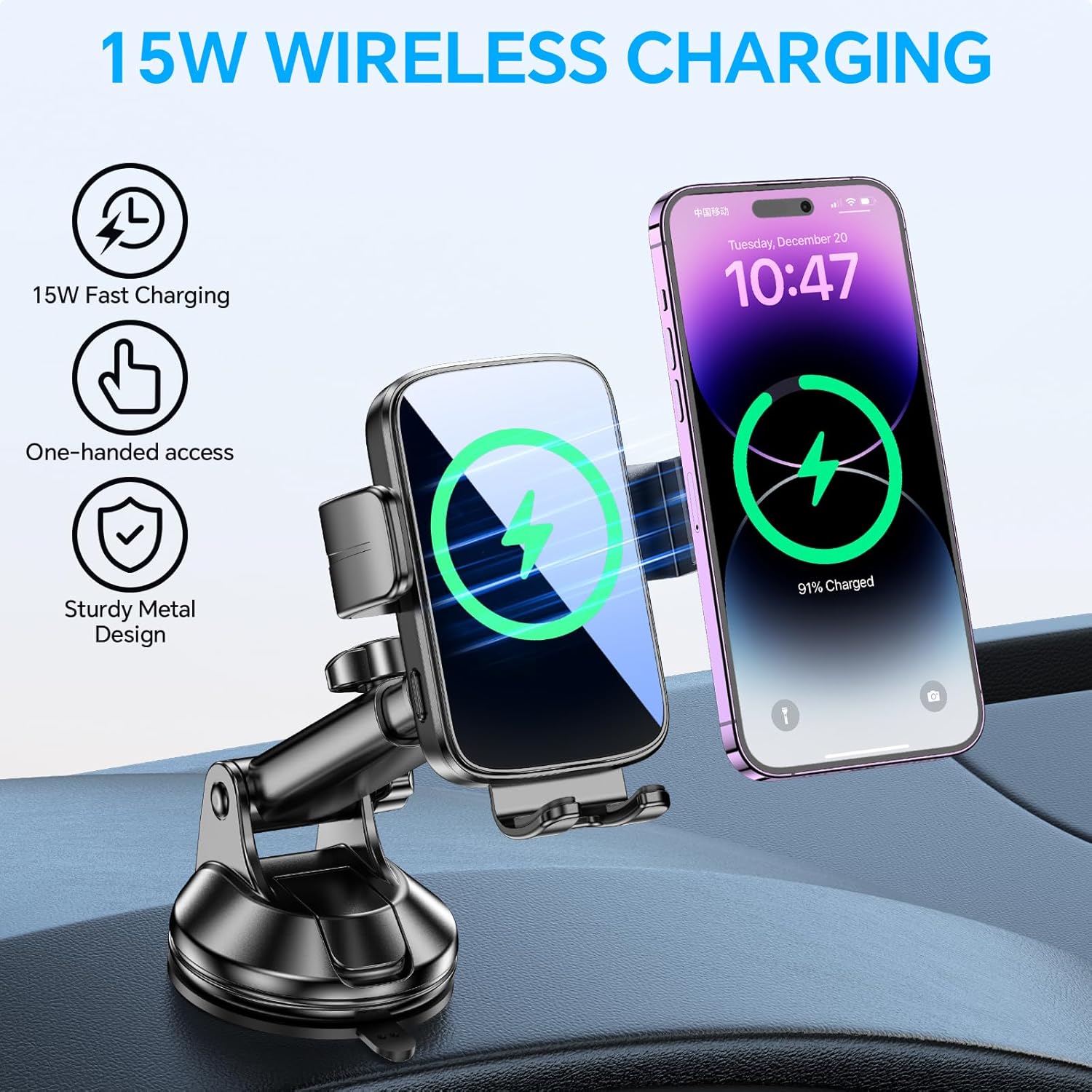 Kaistyle Wireless Car Charger, 15W Fast Charging Auto Clamping【3 in 1】 Car Phone Holder Charger【Windshield + Vent + Dash 】 Phone Holders for Your Car Wireless Charger for iPhone 16 15 14 13 12