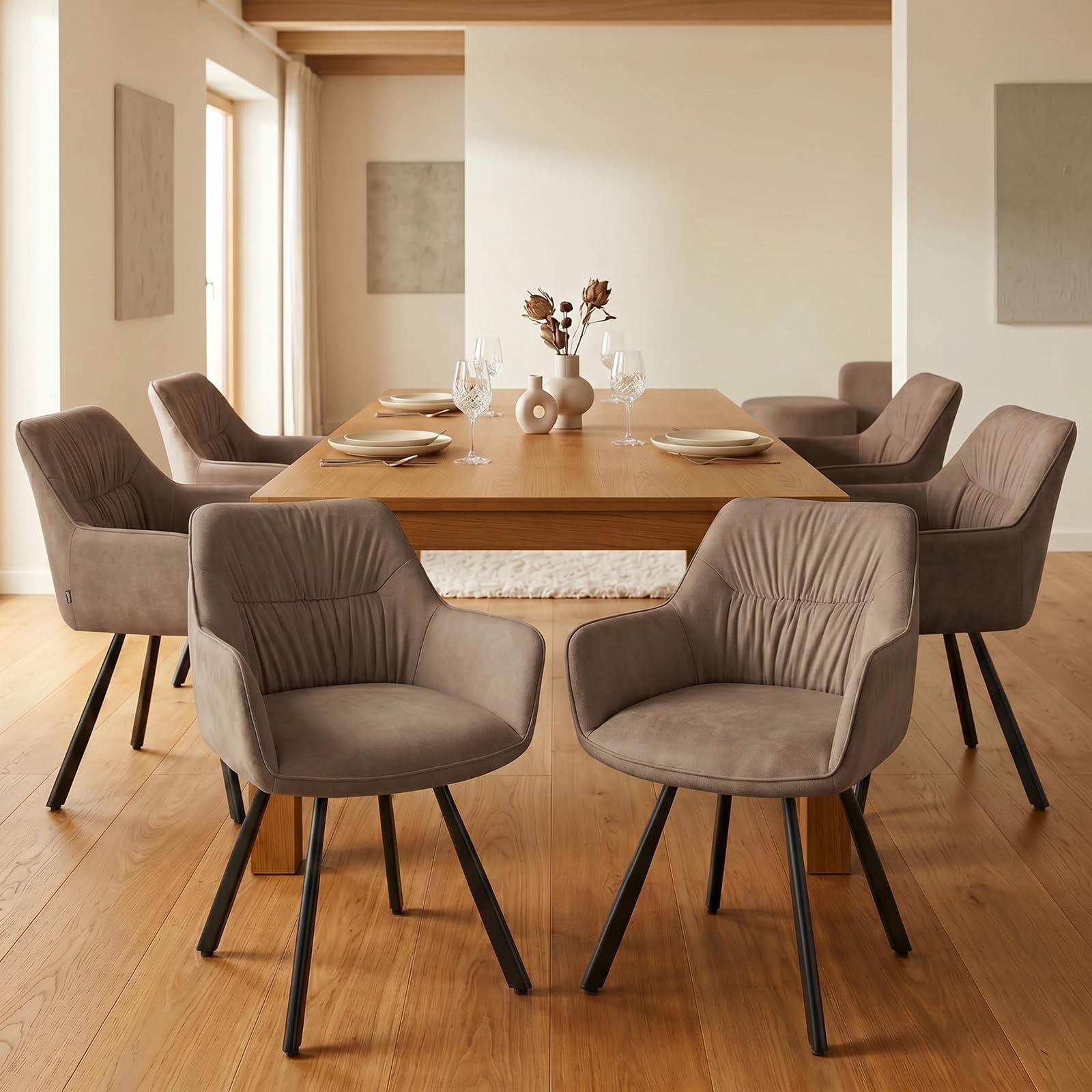 WAFTING Esszimmerstühle 360° drehbar 6er Set, Armlehnstuhl aus Mikrofaser-Velours mit Metallgestell und Lehne, Moderner Polsterstuhl für Esszimmer, Küche, Wohnzimmer, Braun
