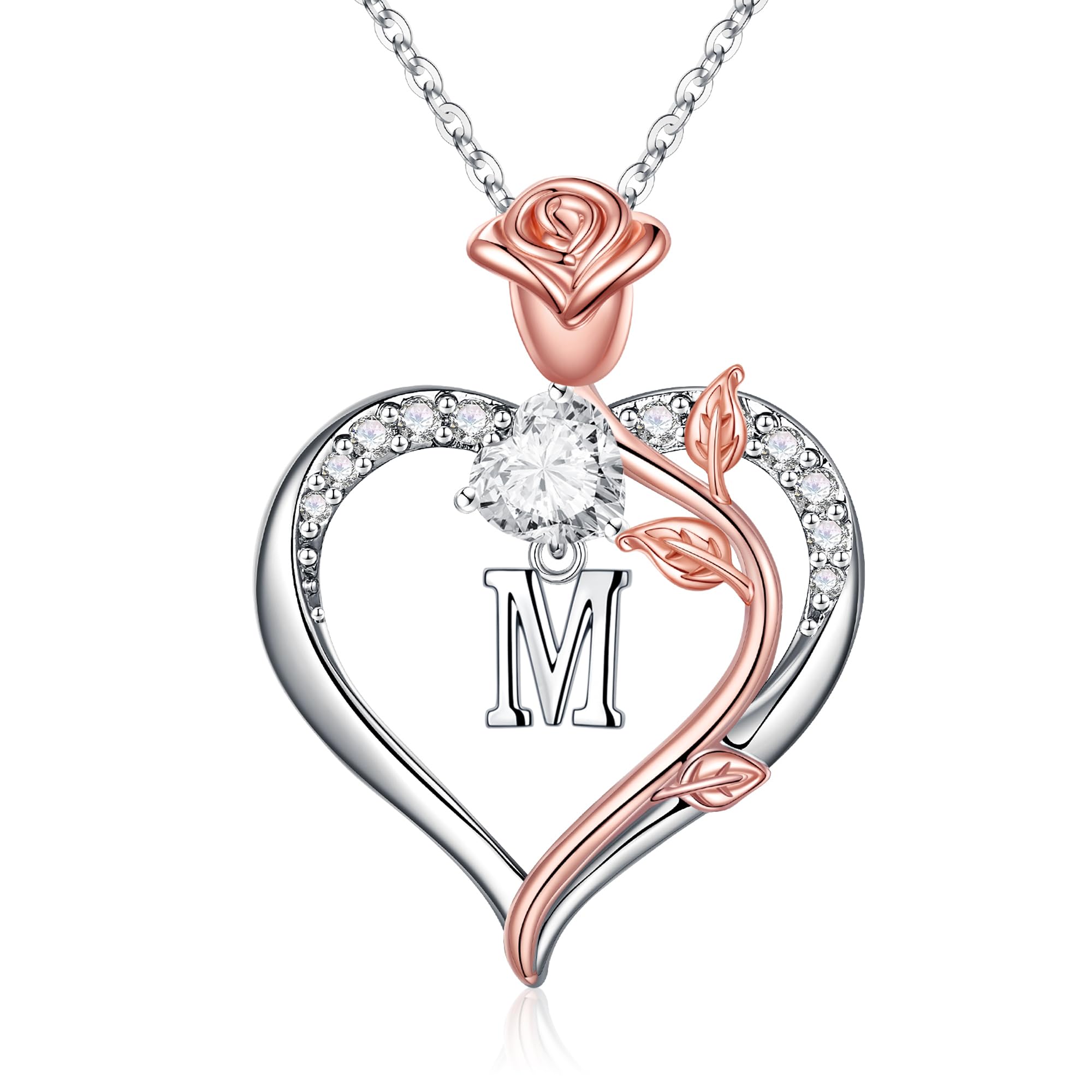 TINGN Muttertagsgeschenke für Mama - Kette Rosen Herz Halskette Damen, 14K Weißgold Vergoldet CZ Herz Buchstaben Kette Geburtstagsgeschenk für Frauen Freundin Muttertagsgeschenke für Mama Om