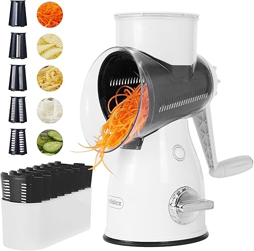 Rallador rotativo de queso con asa, cortador de verduras y triturador de queso con 5 cuchillas de acero inoxidable, base de succión fuerte y caja de
