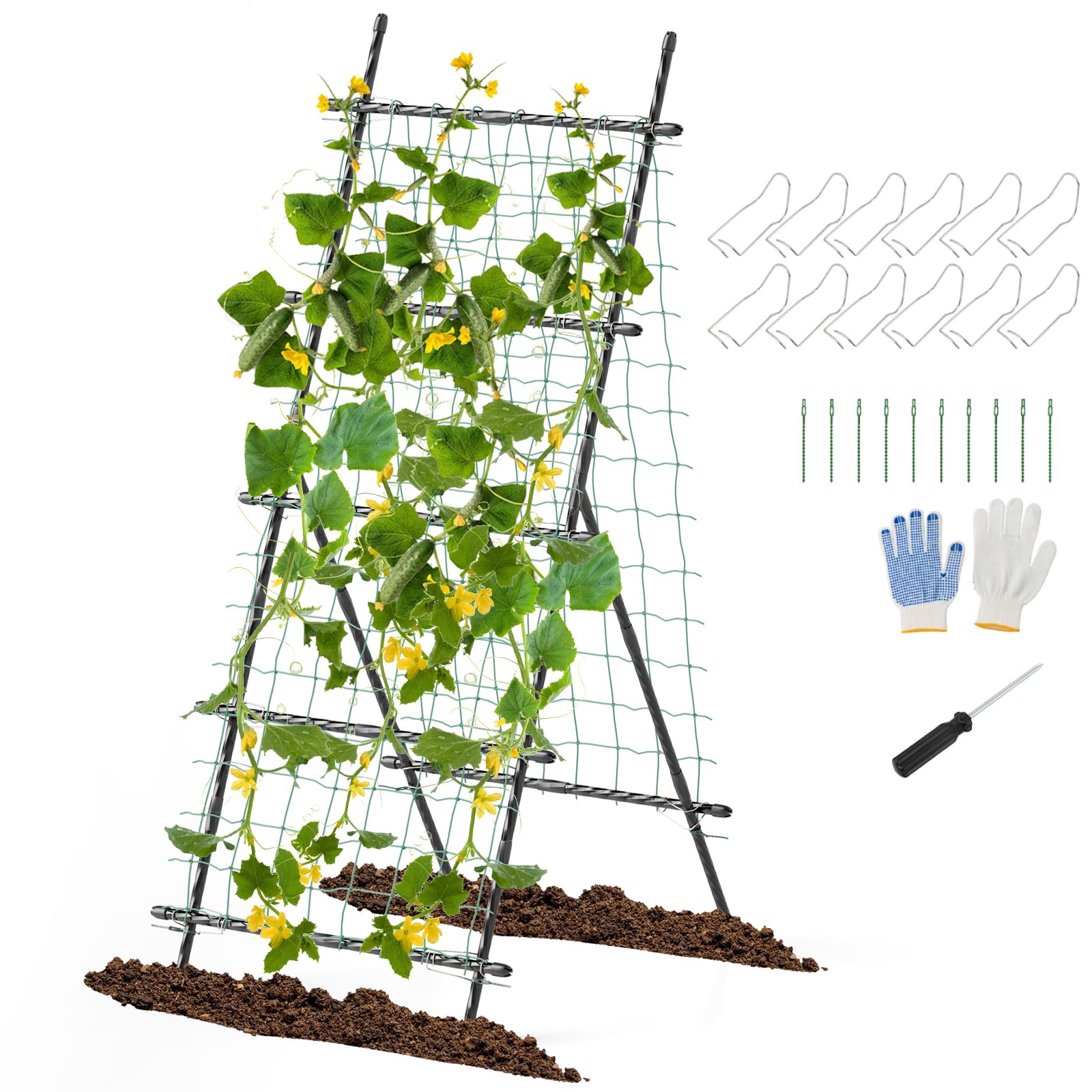 COSTWAY 31 x 79 Inch Cucumber Trellis, A-Frame Metal Garden Trellis with Netting, Clips & Ties, Rustproof Plant Grow Support Stand Trellis for Climbing Plants Vegetables Tomato Flowers