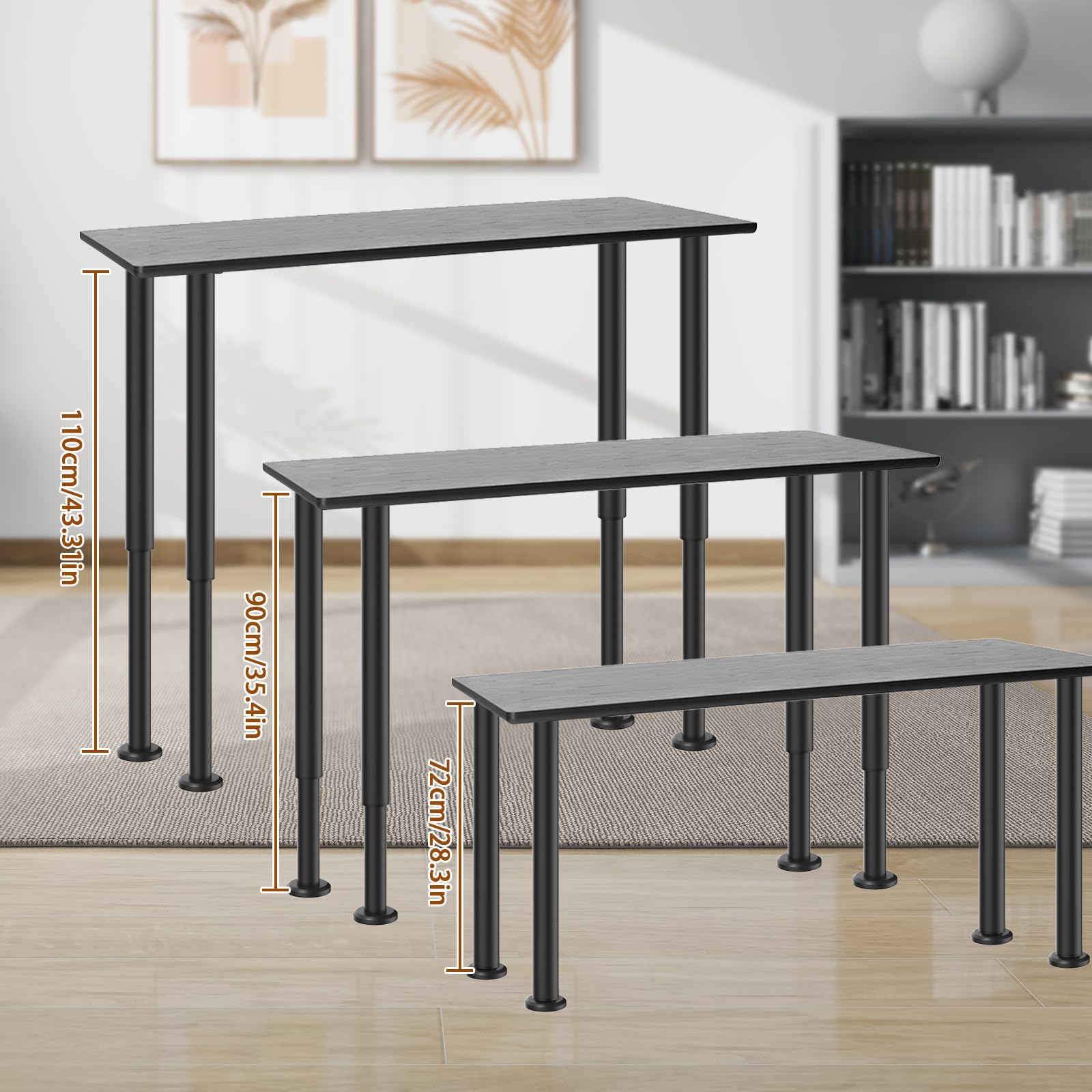 Lot de 2 Pieds de Table Réglables en Hauteur 72-110 cm – Pieds de Table Métalliques Robustes – Pied Bureau Réglable en Métal pour Table Haute, Bureau, Café, Restaurant – Charge Max 200 kg (Noir)