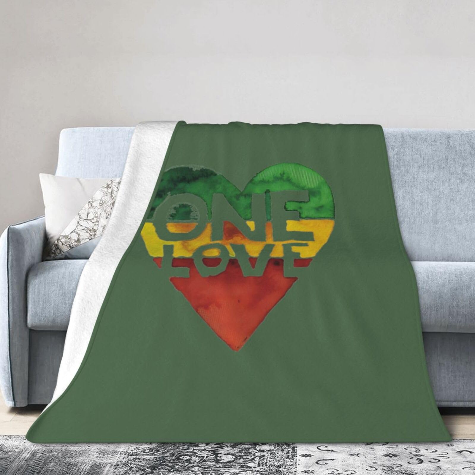 One Love Music Rasta Reggae Heart Throw Blanket - Soft Plush Fleece Blanket for Couch, Bed, Sofa - Home Decor Cozy Blankets Gifts for Women Men, Green, 50x60 Inches