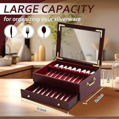 Miniatura 2 de Novabright Caja de almacenamiento de cubiertos de madera, caja de cubiertos con tapa de vidrio, organizador de cubiertos con asa forrada de fieltro