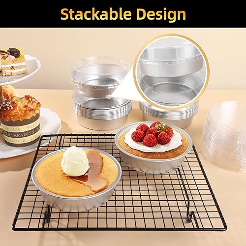 Vista 137 de Beasea Latas desechables para tartas de 4 pulgadas, paquete de 50 mini sartenes con tapas, molde de aluminio dorado de 8 onzas, moldes para tartas