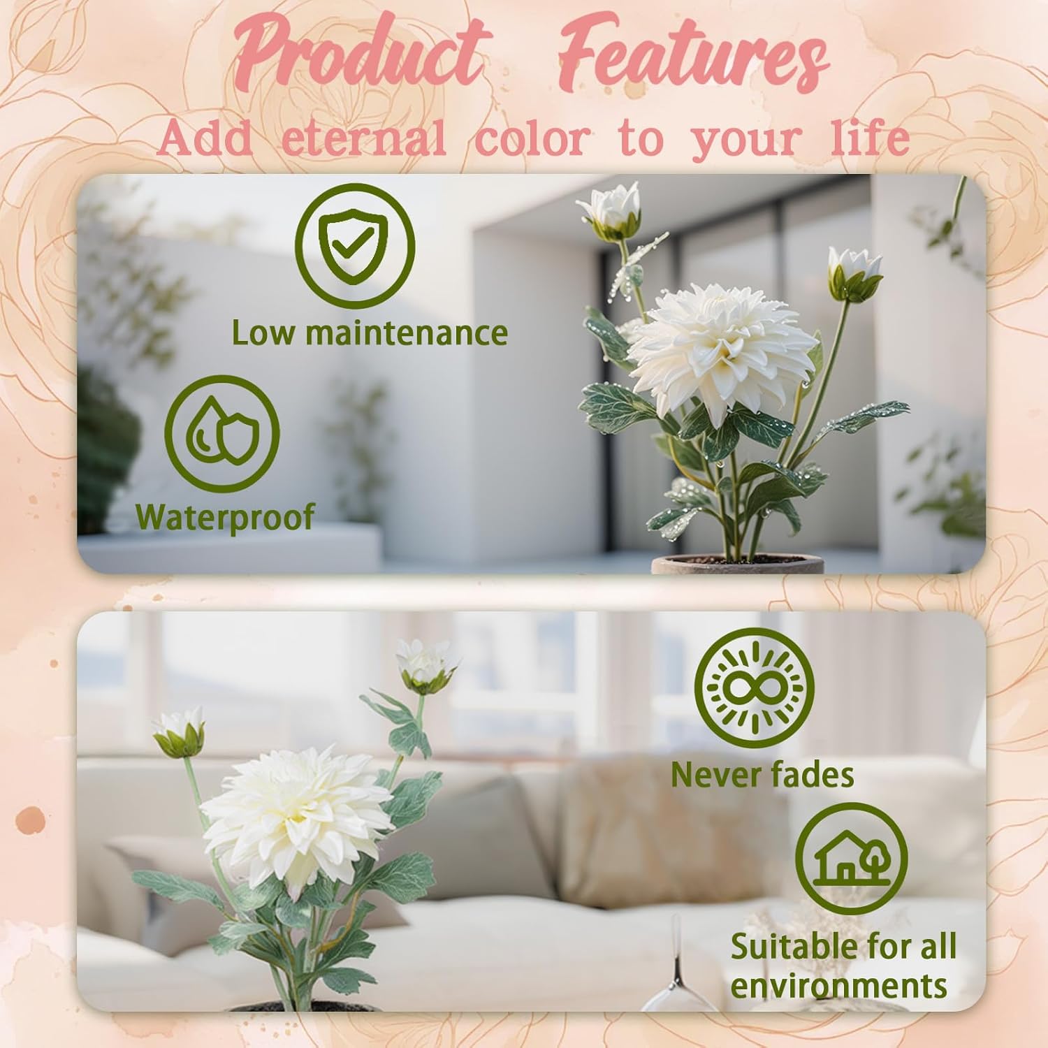 White Dahlia Flowers Fake Silk Mums Flower Artificial Chrysanthemum Flowers Faux Flowers for Vase Mums in Pot Spring Decor Coffee Table Home Party Decoration