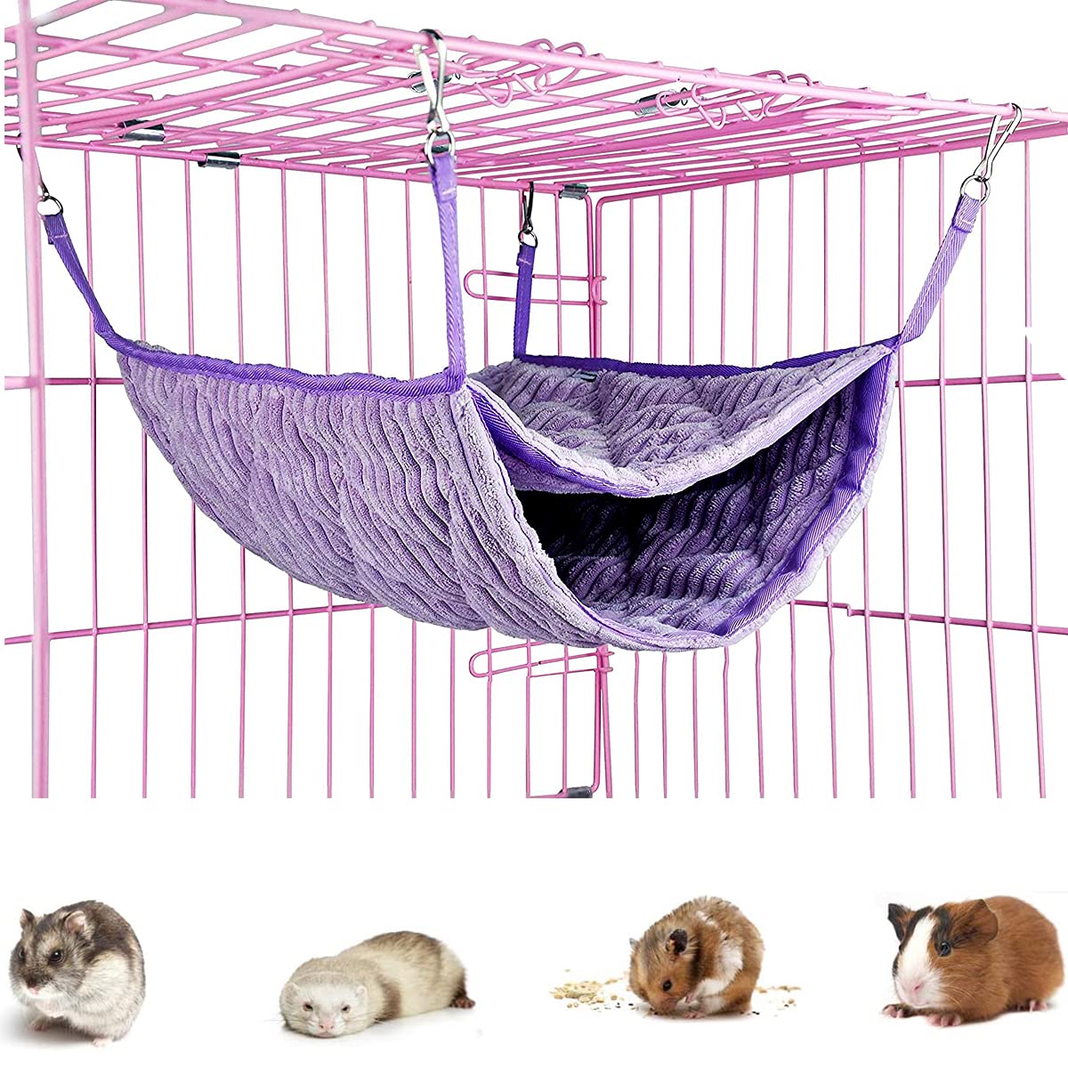 Kleintier-Hängematte, Frettchen-Hängematte, Hängematte und Tunnel, Hamster, Eichhörnchen, Zuckerschleuder, Meerschweinchen, Frettchen Zubehör, Hängeversteck Tunnel, Röhrenspielzeug für Käfig (lila)