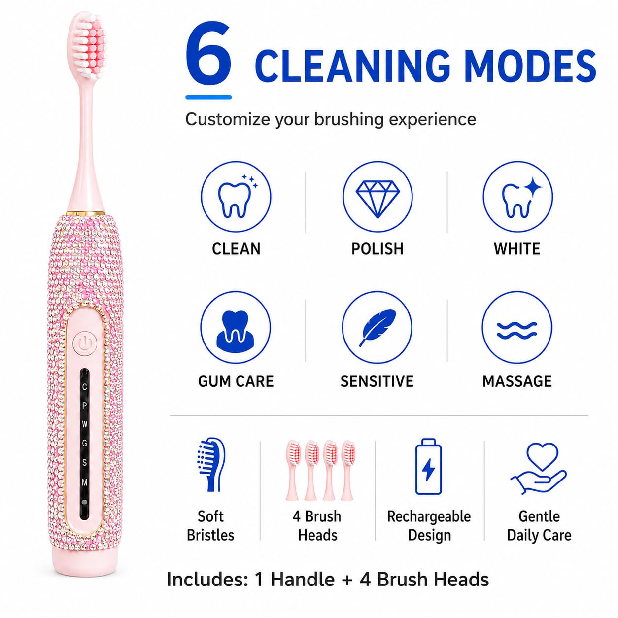 Spazzolino elettrico per ragazza spazzolino rosa Bling Diamond Decor portatile da viaggio essenziale per le donne spazzolino rosa con 3 testine di ricambio 6 modalità