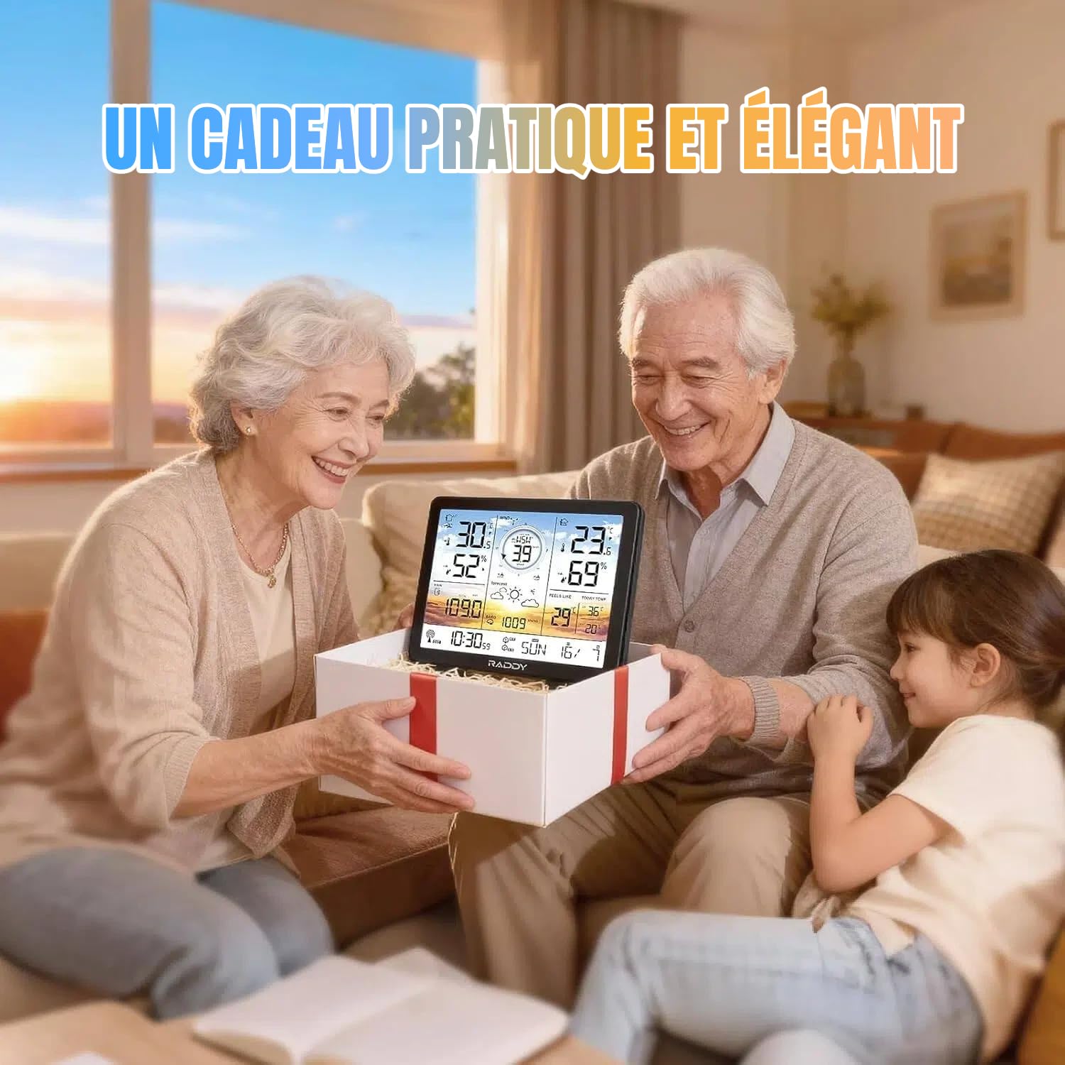 Raddy AG7 Stazione meteo wireless Termometro interno esterno professionale, Digitale 7,4'', Orologio atomico, Monitoraggio temperatura e umidità, Previsioni meteo e pressione barometrica