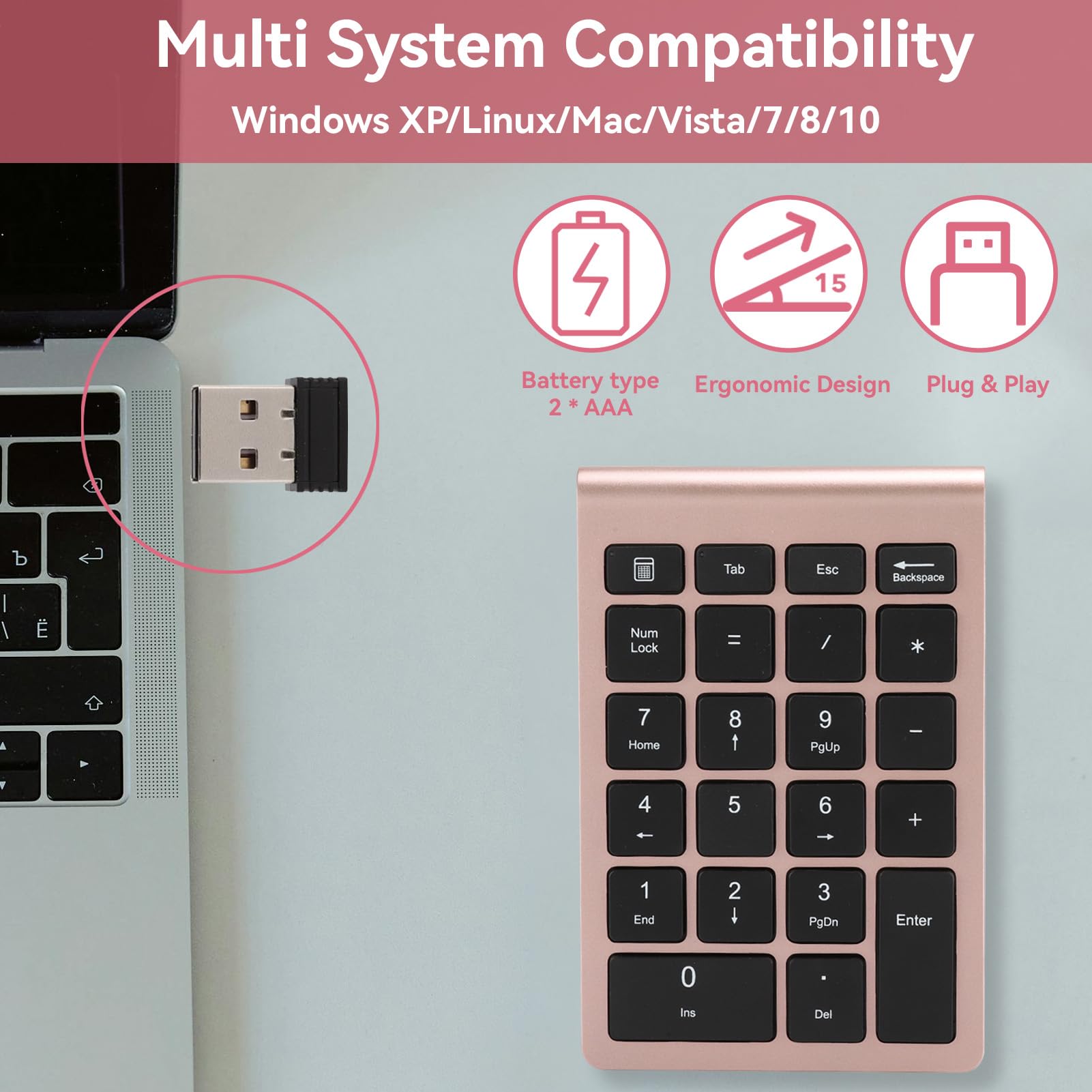 Agatige Mini Teclado Numérico de 22 Teclas, Teclado Numérico Inalámbrico Portátil de 2.4G con Receptor USB para Computadora de Escritorio Portátil Entrada de Datos de Acceso Directo a PC(Oro Rosa)