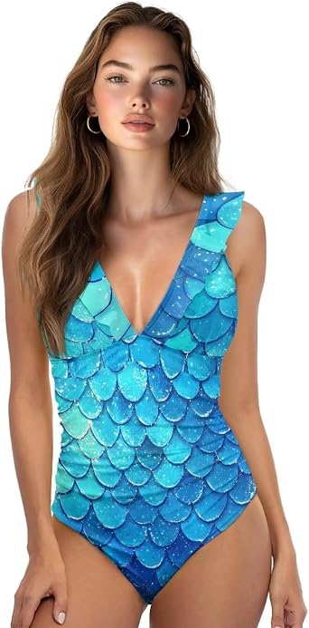 One Piece Swimsuit for Women Tummy Control Deep V-Neck Ruffled Bathing Suit Sexy Tie Back Push Up Swimwear XS-XXL