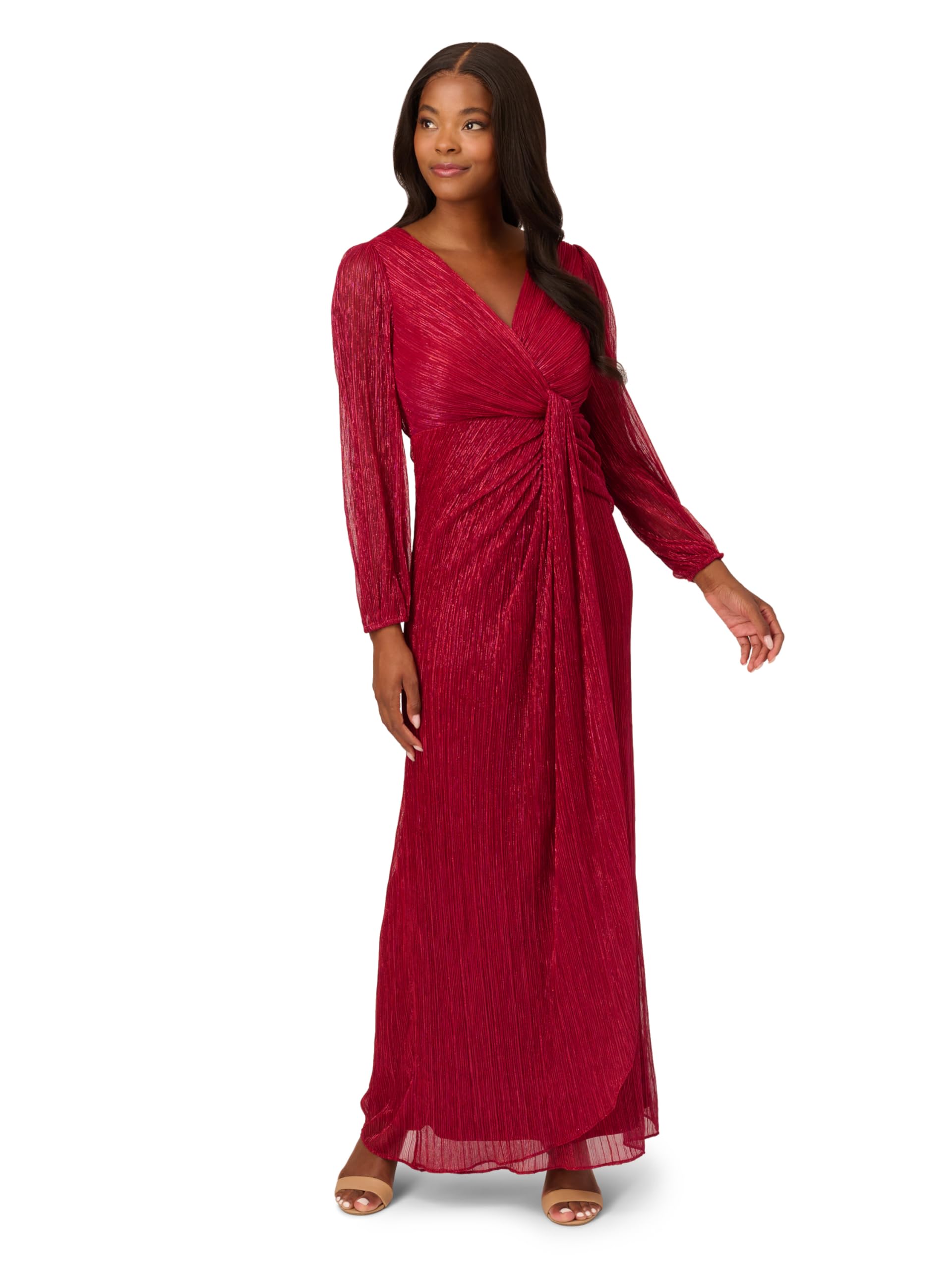 Photo 1 of Adrianna Papell Women's Metallic Mesh Draped Gown | Long Sleeve Evening Gown with Bishop Sleeves & Draped Bodice Detail