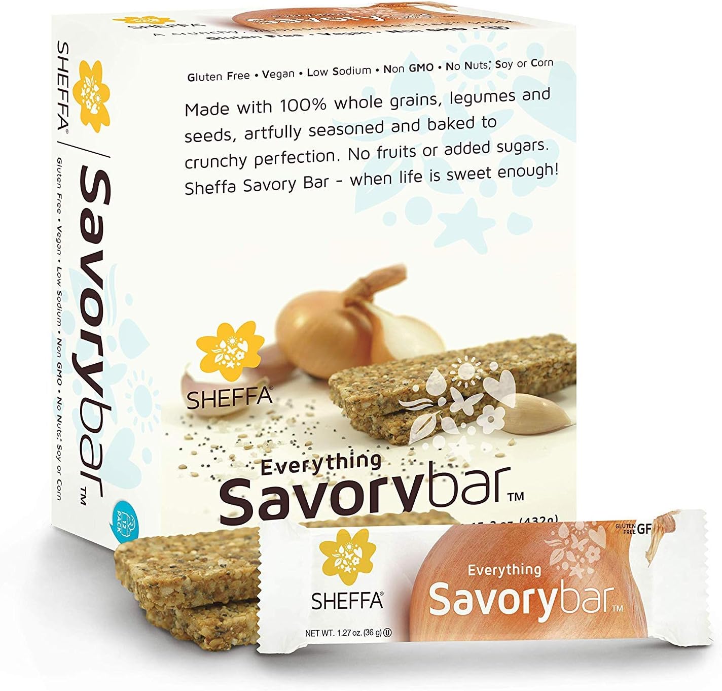 Sheffa Savory bar Everything Seasoning 1.27 Oz (12 Pack) Sugar Free, Low Sodium, Kosher, Vegan Kind Healthy Crunchy Snack Bars for Weight Watchers, Keto, Natural Protien Energy, Breakfast Lunch Bread