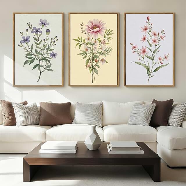 ANHUIB Boho Floral Canvas Wall Art, Framed Minimalist Beige Wildflower W...
