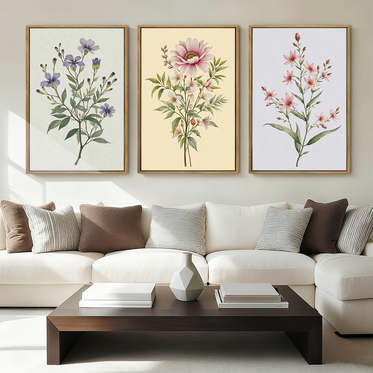 ANHUIB Boho Floral Canvas Wall Art, Framed Minimalist Beige Wildflower Wall Decor, Neutral Botanical Painting 16x24 Inch Set of 3 for Living Room Bedroom Dining Room