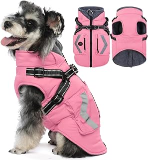 FUAMEY Dog Waterproof Winter Coat, Warm Dogs Jacket Reflective, Dog Coats with Built in Harnesses, Pet Fleece Lined Vest with Pockets, Cold Weather Clothes for Doggy, Beagle (Pink, M)