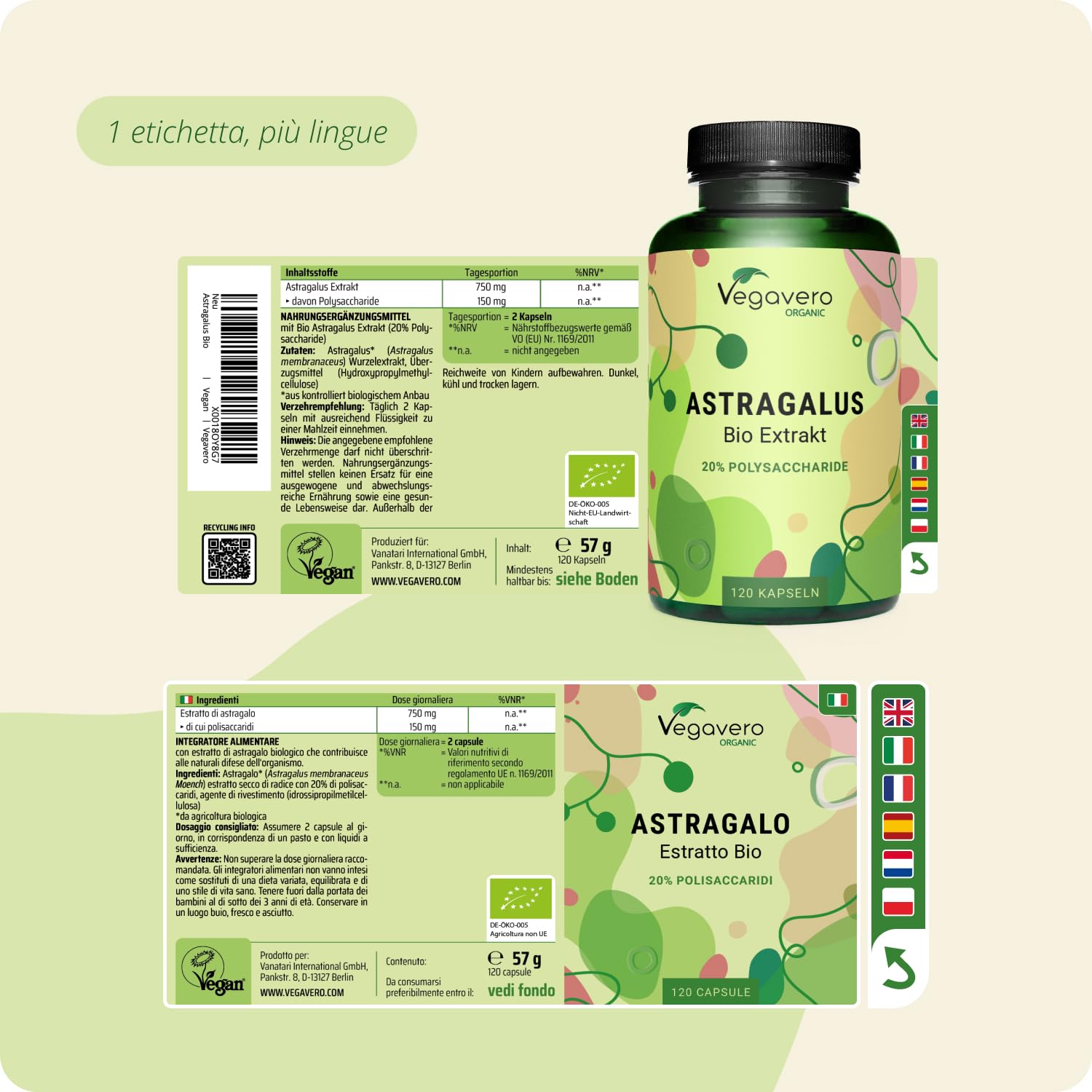 ASTRAGALO BIO Vegavero® | 5600 mg | Titolato in Polisaccaridi | ADATTOGENO per DIFESE IMMUNITARIE | 120 capsule | Vegan