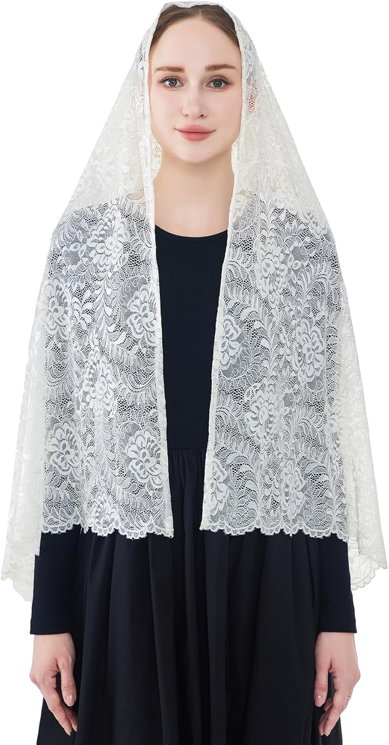 Wgior Elegant Floral Catholic Church Veil, Soft Mantilla Chapel Prayer Scarf Wrap Shawl Headscarf - Image 2