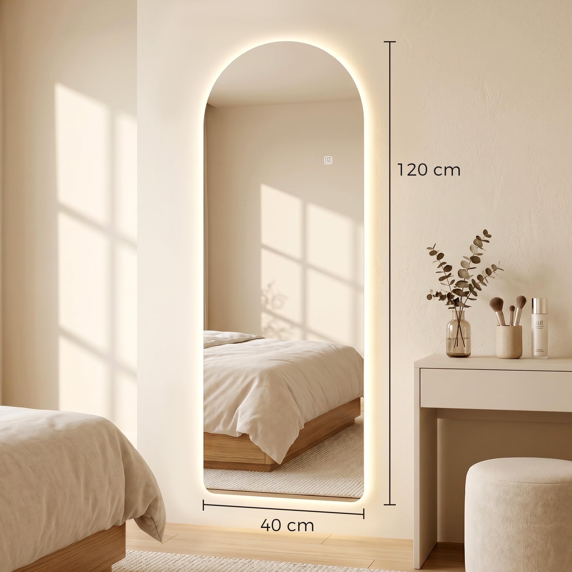 HOMCOM Grand Miroir Mural 120 x 40 cm avec éclairage LED Miroir Pleine Longueur arqué sans carde, Anti-déflagrante, intensité Variable, 3 Couleurs d'éclairage, pour Salon Chambre, Transparent