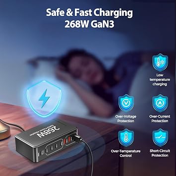 USB C Charging Station:268W 8-Port GaN III Fast Charger for Multiple Devices,USB-C PD 100W Fast Charging Desktop Charger,Compatible with iPhone, Samsung, MacBook, Dell and More