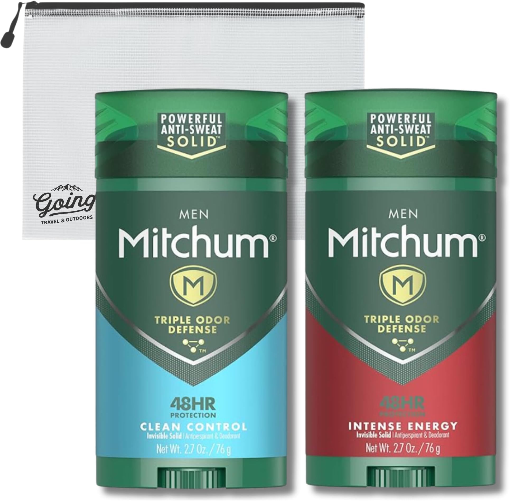 Variety Deodorant Bundle with Mitchum Antiperspirant Triple Odor Defense Invisible Solid For Men, 48 HR Protection, Clean Control + Intense Energy, 2.7 oz (Pack of 2) + Branded Organizer Bag by Going