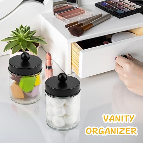Miniatura 4 de Goramio Paquete de 4 tarros de boticario de vidrio con tapas para baño, bonito soporte para Qtip, juego de accesorios de baño negros, pequeños
