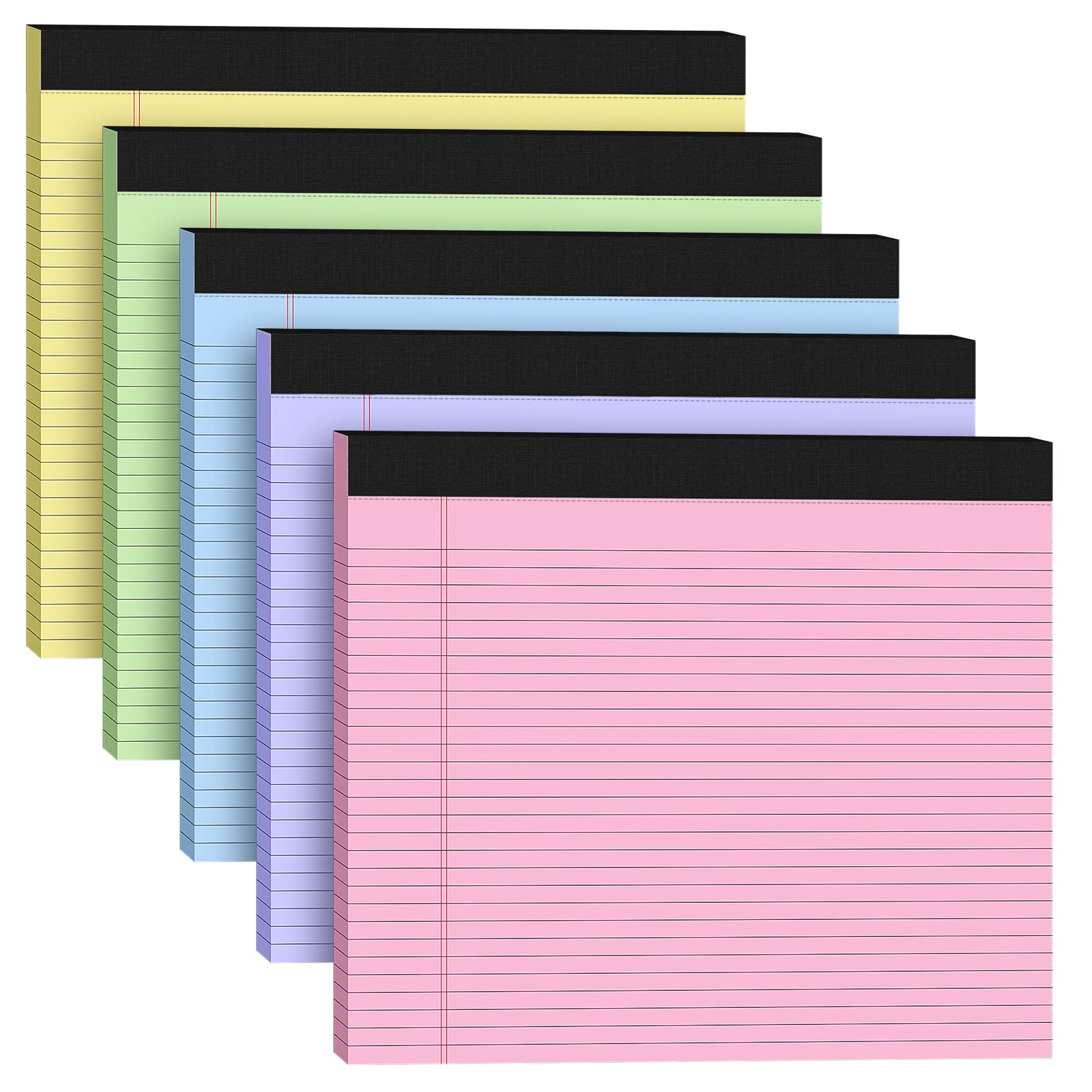 5 Pack Wide Legal Pads 11" x 9.5" Landscape Pink Purple Blue Green Yellow College Ruled Note Pad Narrow Ruled 30 Sheets per Notepad Perforated Writing