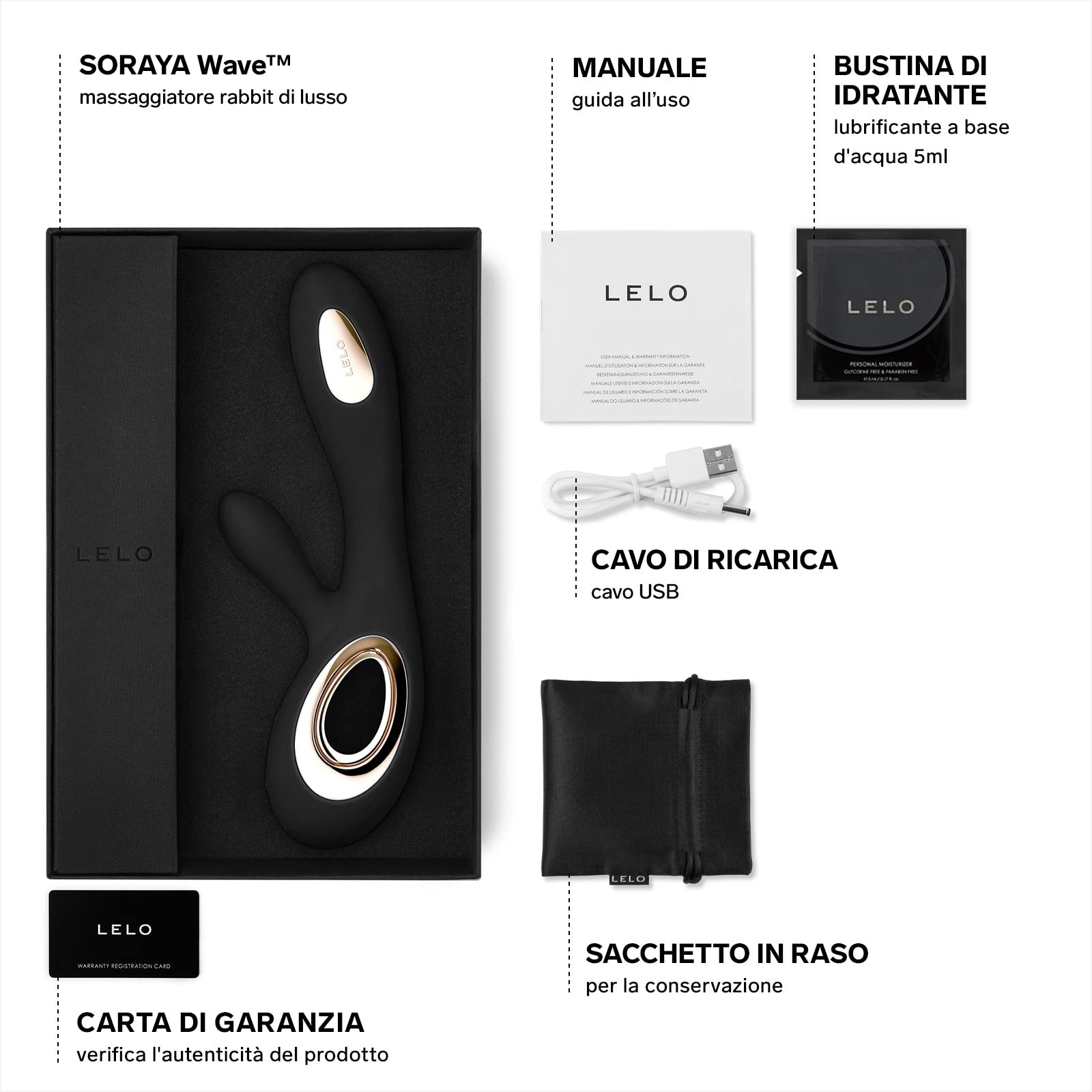 LELO SORAYA Wave Vibratore Rabbit Lussuoso con Tecnologia Wavemotion, Sex Toy per Stimolazione Interna ed Esterna, Vibratori Clidoride Donna, Vibratoreper Donna, Nero