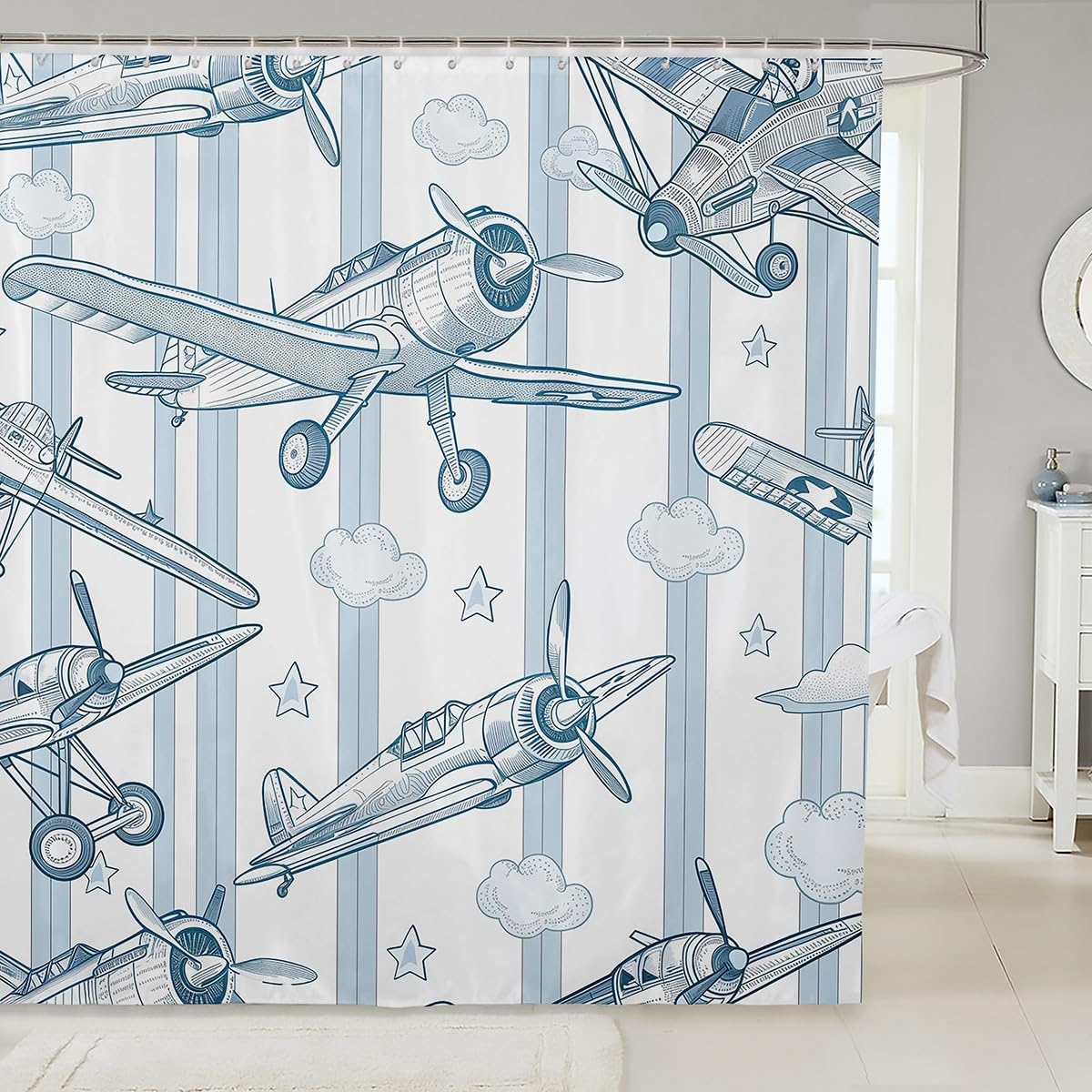 Airplane Bathroom Curtain,Cartoon Aircraft Kids Shower Curtain Boys Girls Teens Bathroom Decor,Stars Cloud Flying Theme Waterproof Curtain,Blue White Stripes Vintage Bath Curtain,12 Hooks,72"Wx78"L