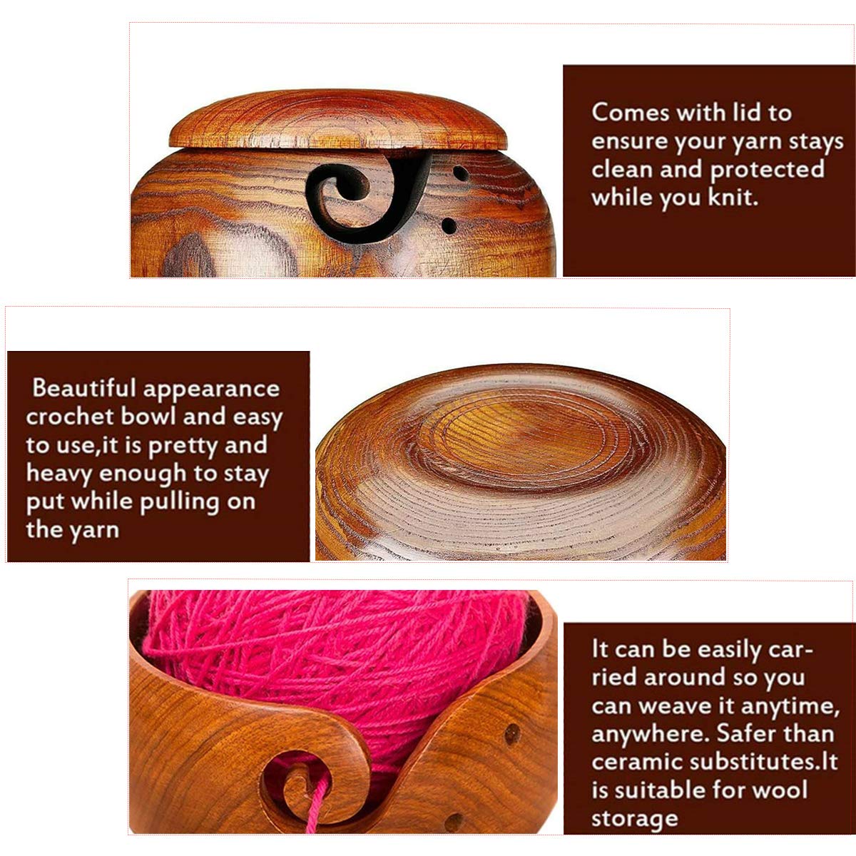 RoseFlower 6.3 Pouces Bol à Tricoter en Bois avec Couvercle, Bol sculptés de Rangement en Fil de Bois fabriqué de Bois de Rose pour Fil à Crochet ou Tricoter#2