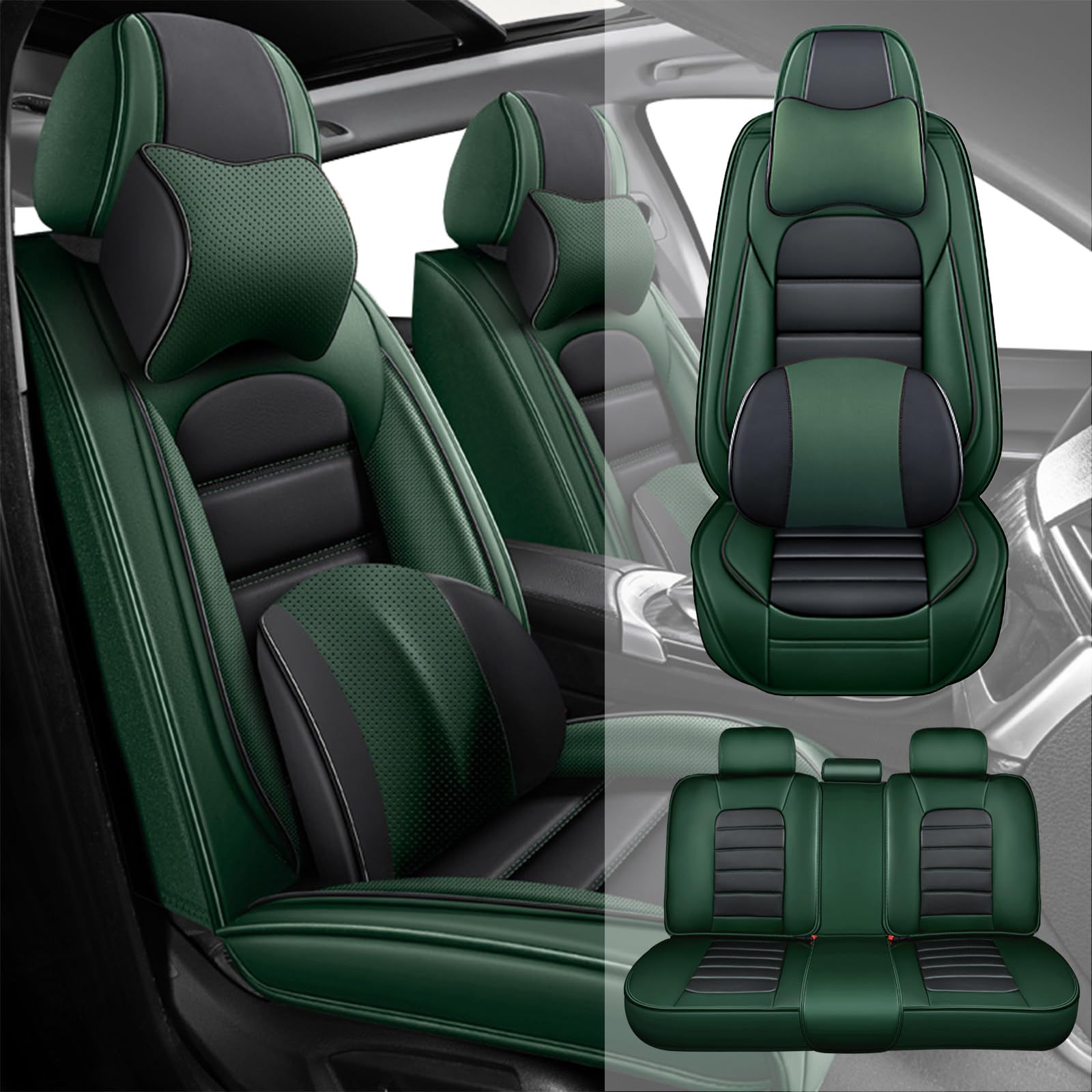 Fit for 95% of Cars SUVs Seat Covers,Car Seat Cover Protector,Waterproof Front &amp; Rear Car Seat Covers(Luxury-Black&amp;Green)