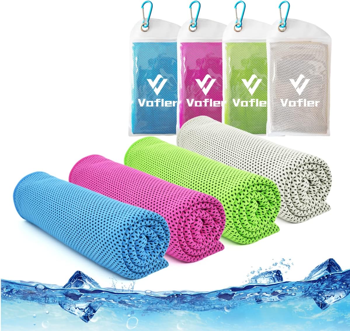 Cooling Towel,Vofler [4 Pack] Cool Towels Microfiber Chilly Ice Cold Head Band Bandana Neck Wrap (40"x 12") for Athlete Men Women Youth Kids Dogs Yoga Outdoor Golf Running Hiking Sports Camping Travel