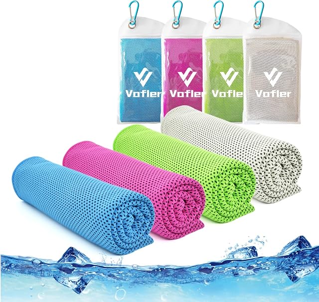 Cooling Towel,Vofler [4 Pack] Cool Towels Microfiber Chilly Ice Cold Head Band Bandana Neck Wrap (40"x 12") for Athlete Men Women Youth Kids Dogs Yoga Outdoor Golf Running Hiking Sports Camping Travel