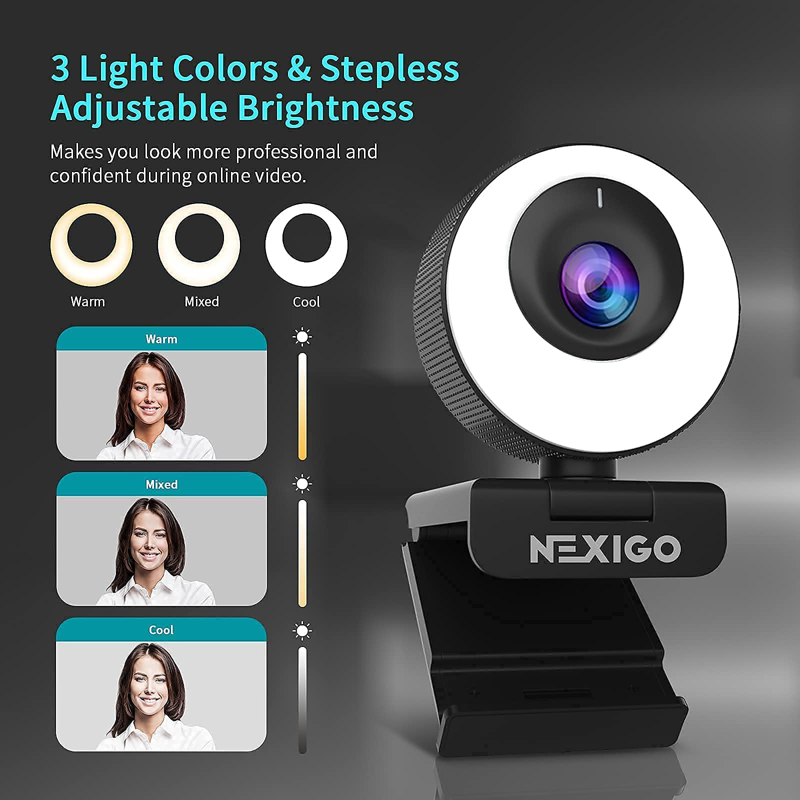 NexiGo N620E 60FPS AutoFocus ePTZ Webcam, 2X Digital Zoom, Ring Light & Privacy Cover, [Software Included], 1080P FHD Streaming Web Camera, Dual Stereo Mics, for Zoom Skype Teams (Renewed)