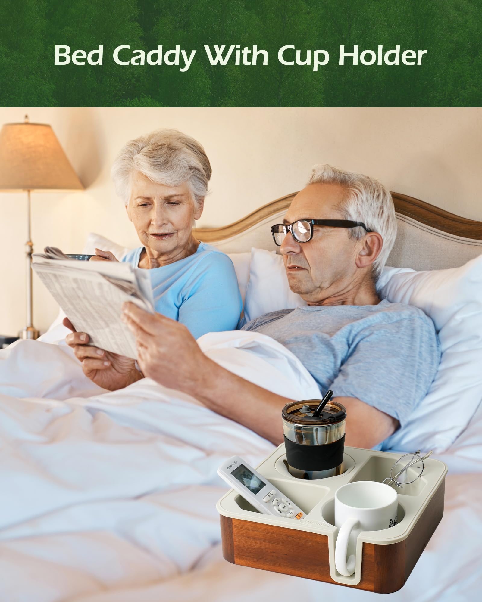 Couch-Becherhalter, Tablett aus Akazienholz, Couch-Caddy mit Getränkehalter, Schlitz, rutschfester Couch-Organizer für Getränke, Snacks, Fernbedienungen, abgerundete Ecken und Becher (grau)
