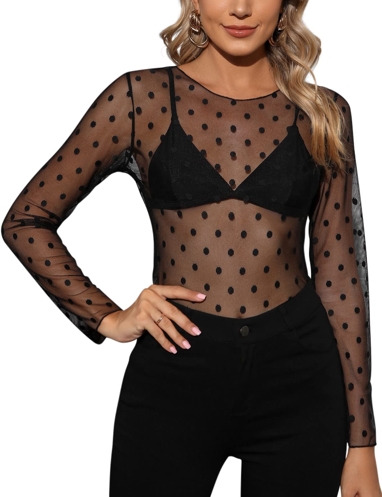 CMTOP Donna Maglie Manica Leggera Lunga Maglietta in Rete Trasparente Tops Slim Fit T Shirt in Tulle