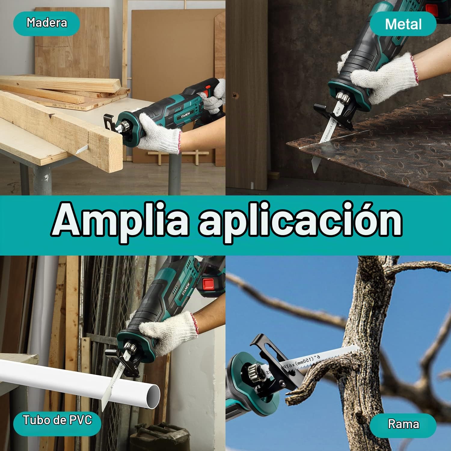 Sierra de Sable Inalámbrica, STANEW 0-3000 RPM Sierra Sable, 2 Baterías 2.0Ah de Iones de litio y Cargador,con 5 Cuchillas, Corta Madera, Metal, Plástic, Ramas
