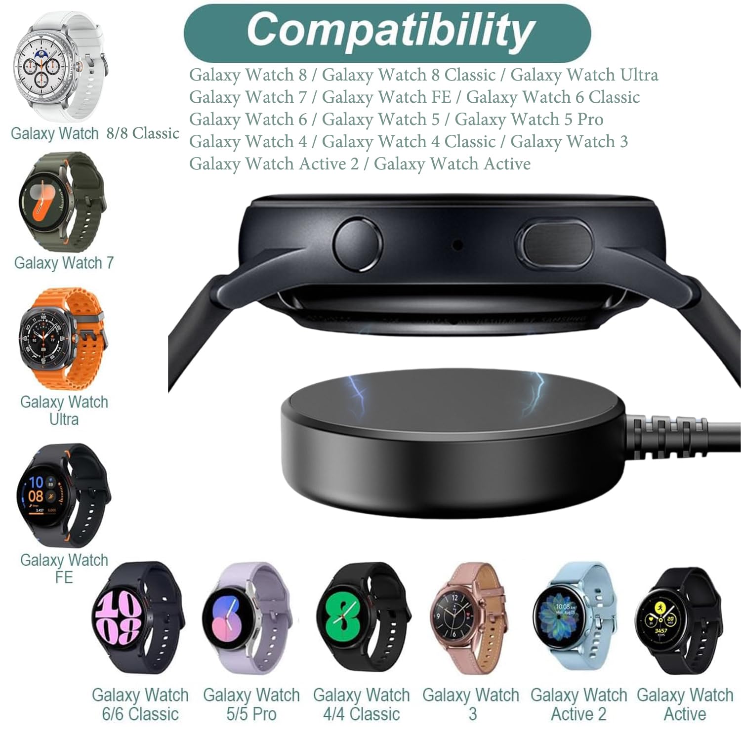 Câble de charge rapide sans fil pour montre intelligente - Accessoires magnétiques compatibles avec Samsung Galaxy Watch 8/7/6/5/4/3/Ultra/6 Classic/FE/Active 2/Galaxy 5 Pro Cargador Samsung 3 m