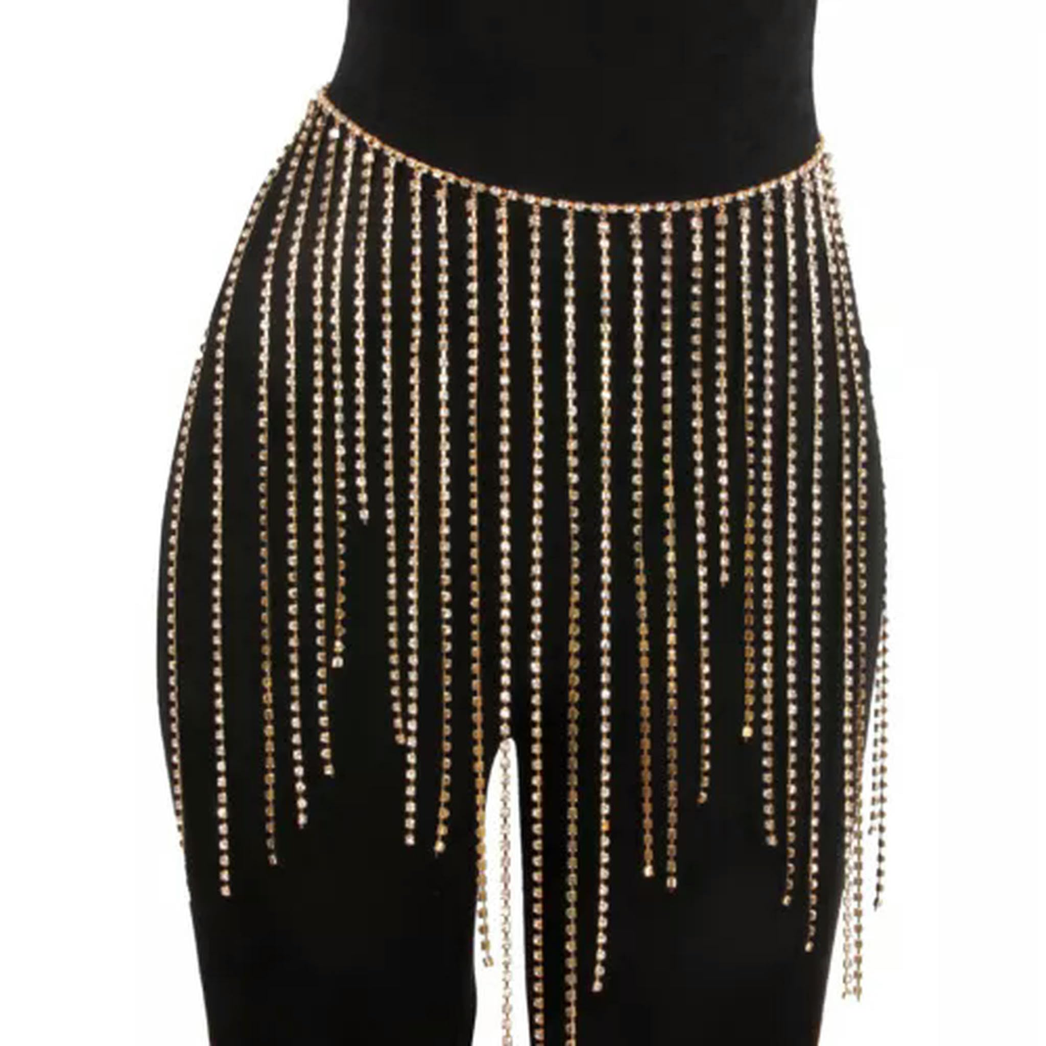 Damen Strass Quaste BH Rock Bauchtanz Body Kette Nachtclub Anzug-Set Gold
