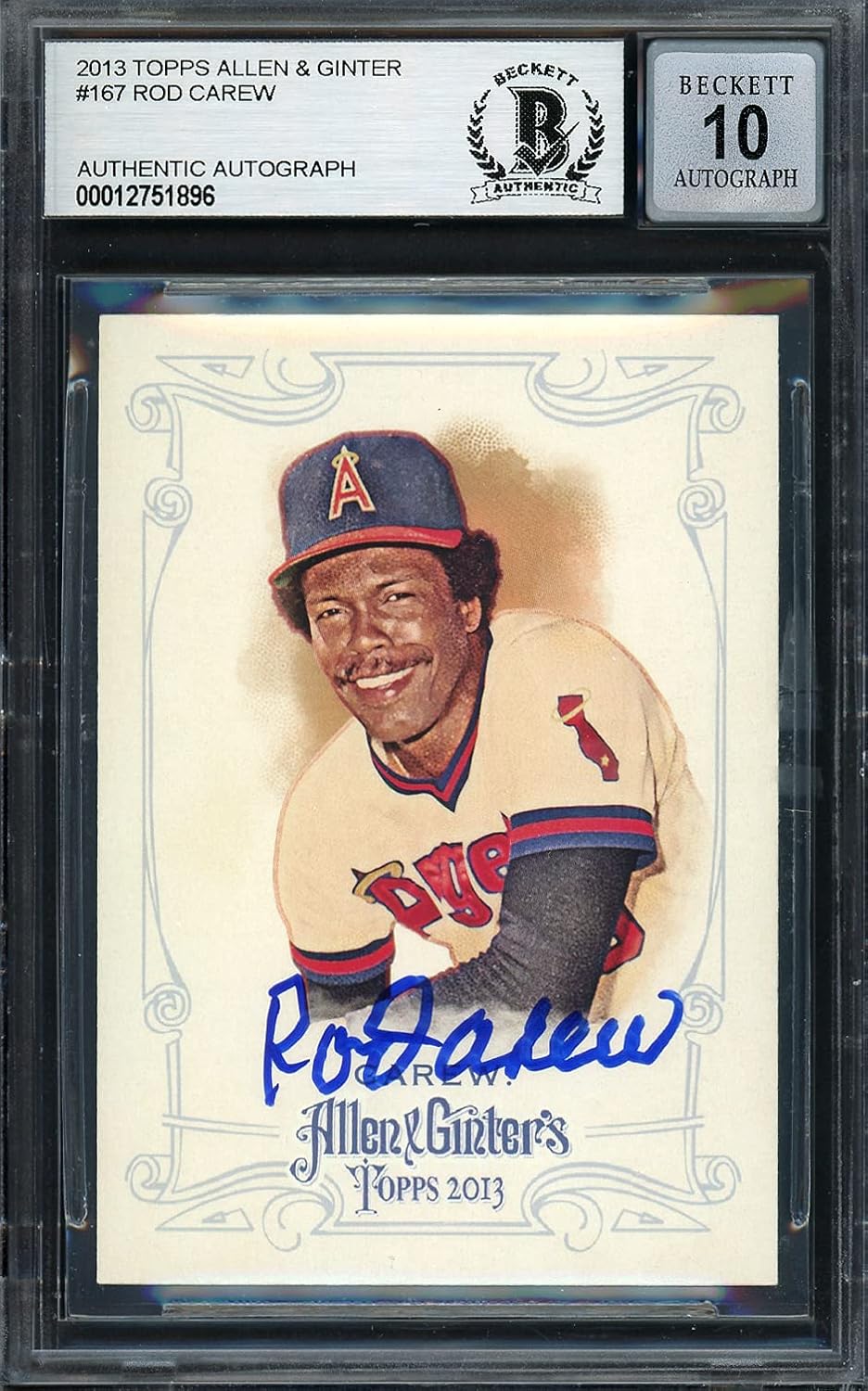 Rod Carew Autographed 2013 Topps Allen & Ginter Baseball Card #167 Auto Grade Gem Mint 10 Beckett BAS Stock #192776