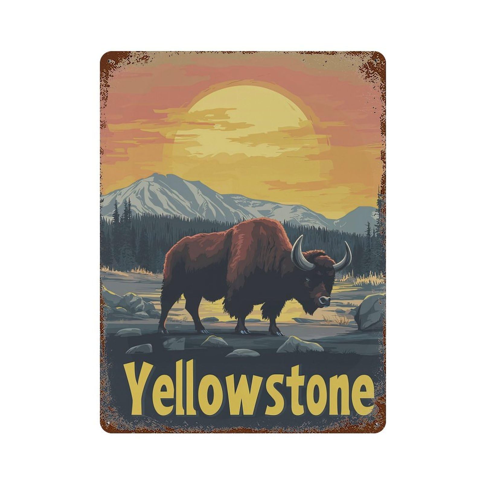 Yellowstone Bison Sunset Retro Metal Sign 15.7"x11.8", for Pub, Kitchen And Man Cave Decor, Retro Wall Decor