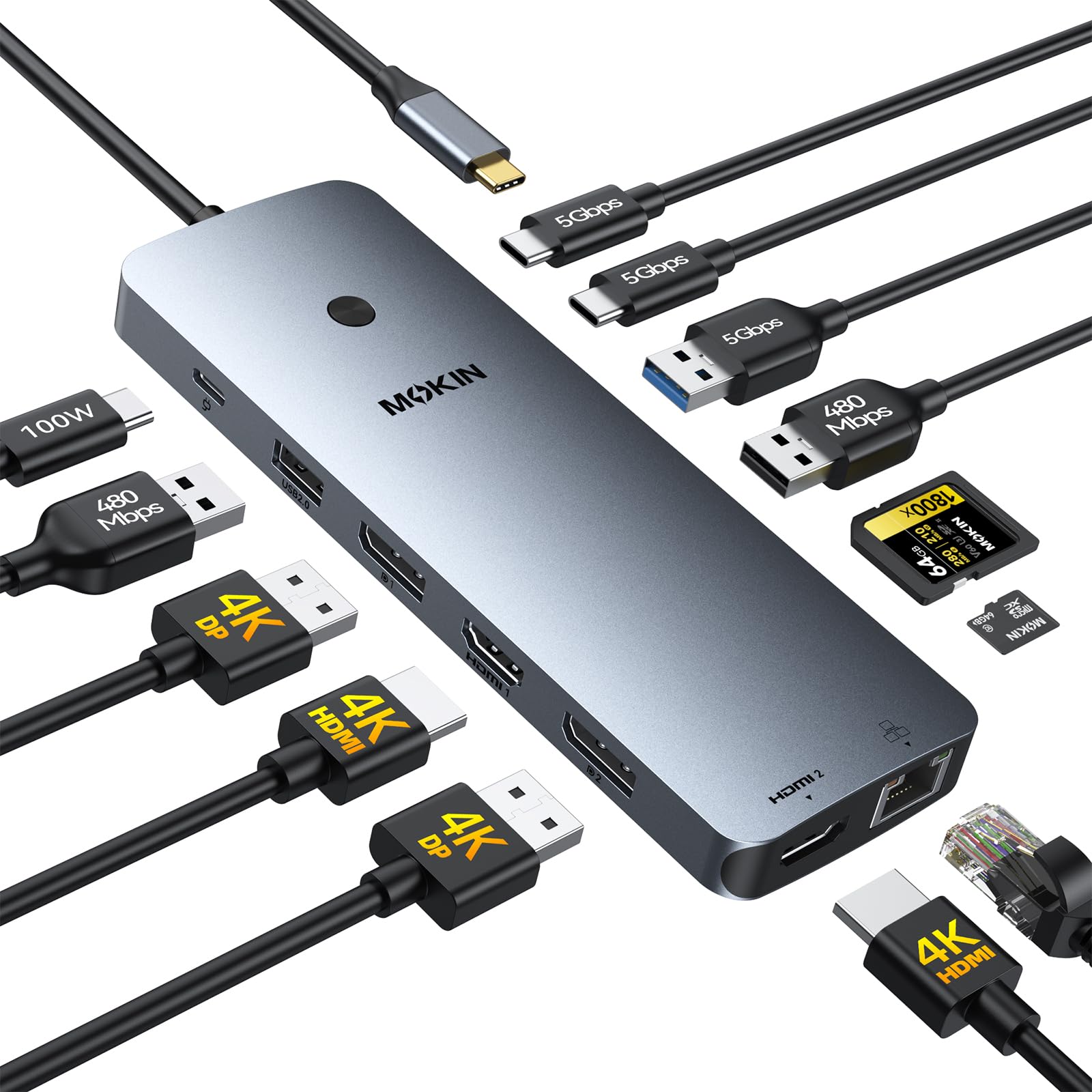 Laptop Docking Station 3 Monitore, USB C Hub mit 2 HDMI 2DP, RJ45 Ethernet, 5 Gbit/s USB C/A, 100W PD SD/microSD für Dell/HP/Lenovo - MOKiN