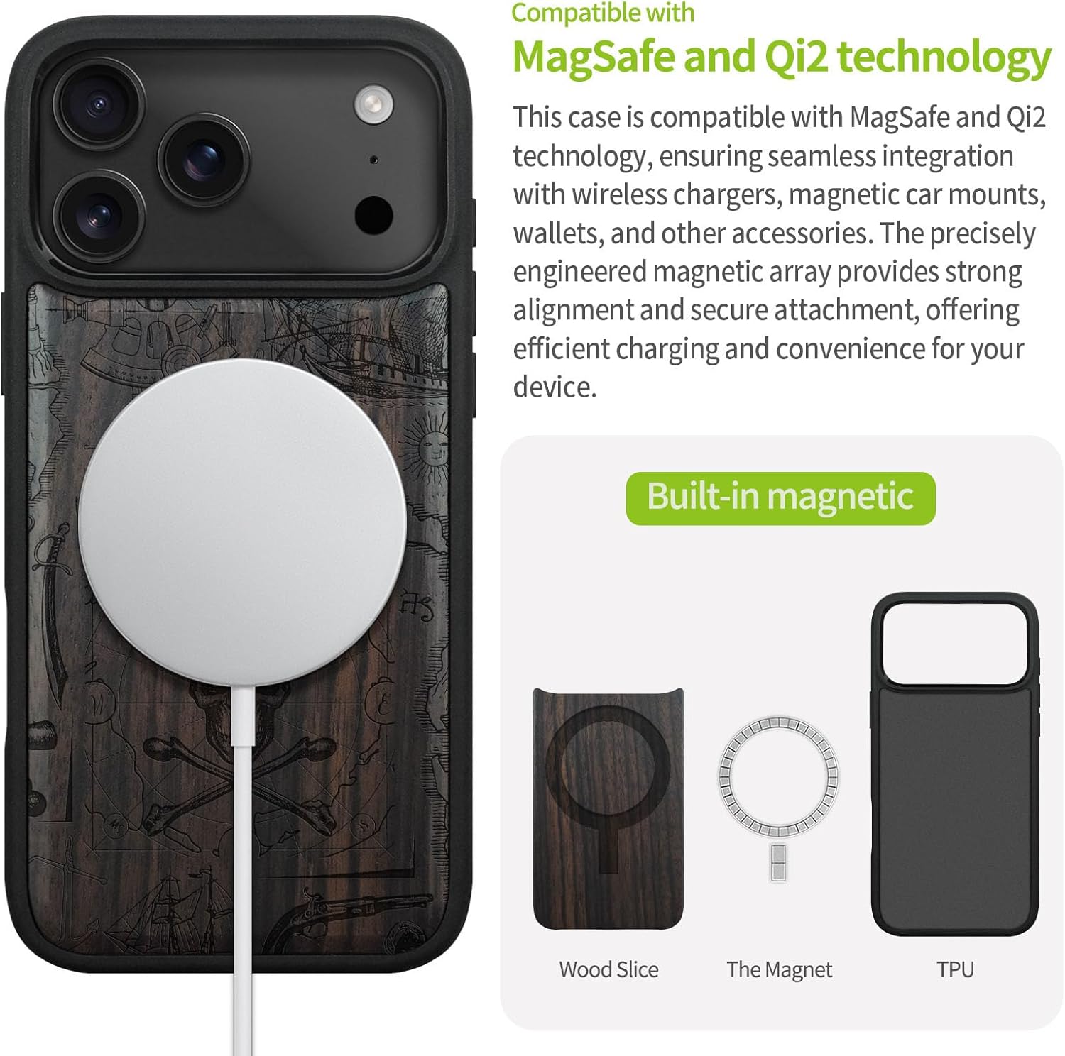 Carveit Magnetic Wooden Case for iPhone 17 Pro Case, Wood Artisan Engraved & Black Soft TPU Shockproof Cover, Compatible with MagSafe Wireless Chargers (Pirate Flag) Blackwood