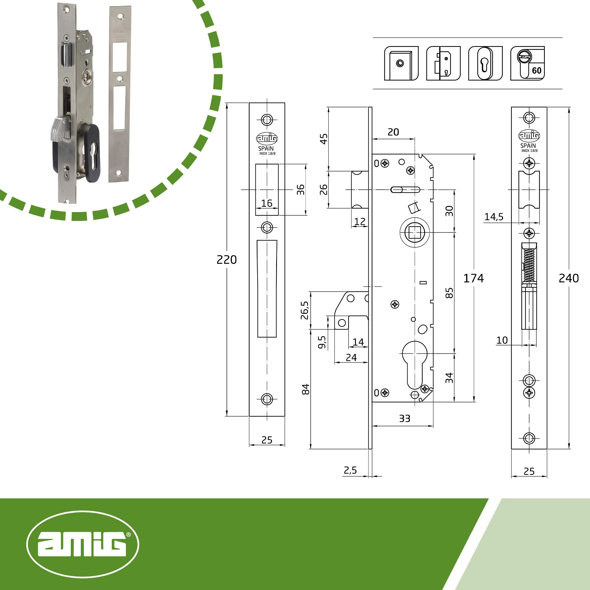 Amig - Cerradura de Embutir para Carpintería Metálica Mod. 770-20 mm - Cilindro Europerfil de Leva de 13,2 mm - Picaporte Reversible y Cierre Basculante - Acero Inoxidable