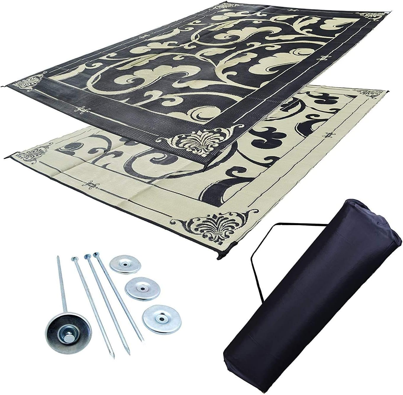 Reversible RV Outdoor Rug for Backyards, Beaches, Camping Grounds, Patios, and More, Storage Bag and Mat Stakes Included, Black/Beige/D-Vine (9x18)