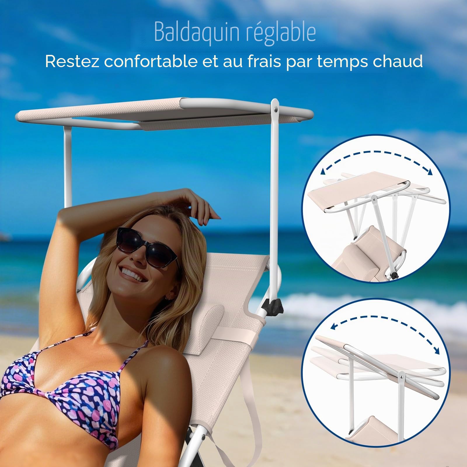 Chaise Longue Bain de Soleil Pliable avec Poche Latérale, Pare-Soleil 360° Ajustable, Transat Extra Large 68 cm, Dossier Inclinable et Appuie-Tête, pour Jardin-Plage-Camping, Tissu Oxford 600D, Kaki