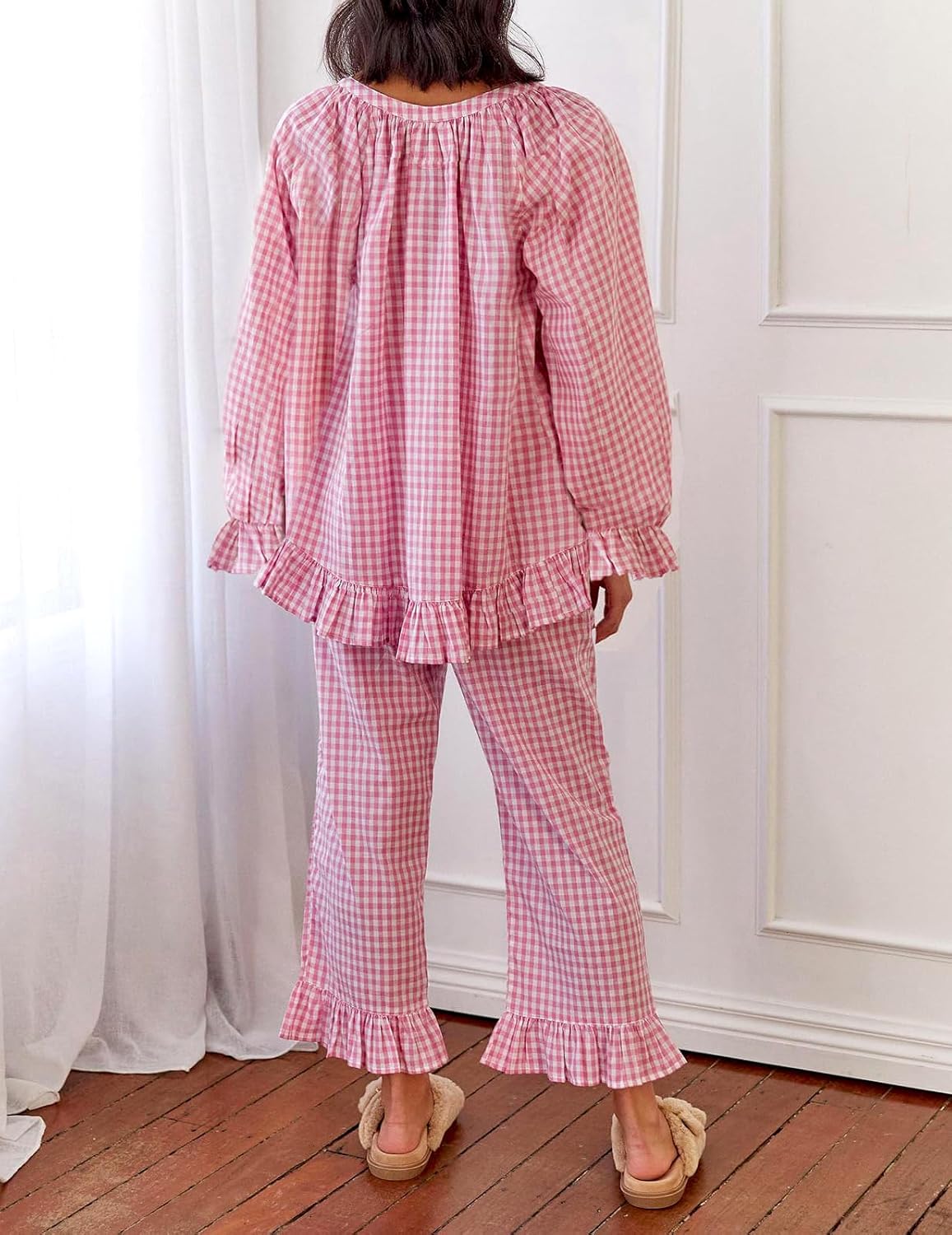 Womens Gingham 2 Piece Pajama Set Cute Cotton Puff Long Sleeve Babydoll Shirt and Ruffle Plaid Pant Pj Lounge Set - Image 5